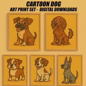 Cartoon Dog 5 Art Prints – Boxer, English Bulldog, German Shorthair Pointer, Great Dane, Irish Setter–Nursery Wall Decor | Digital Downloads