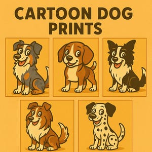 Cartoon Dog Art Prints Set of 5 – Australian Shepherd, Beagle, Border Collie, Collie, Dalmatian – Kids Room Decor | Digital Download