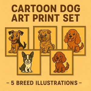 Cartoon Dog Art Prints – Airedale Terrier, Boston Terrier, Shar-Pei, Cocker Spaniel, Irish Terrier – Nursery Wall Art | Digital Download