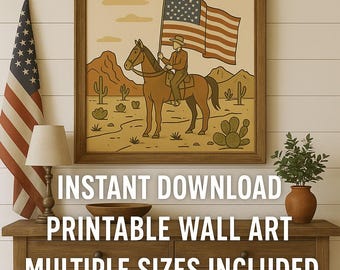 Cowboy Wall Art – 4th of July Printable – Western Desert Decor with American Flag – Rustic Boho Digital Download