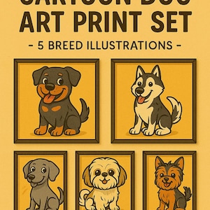 Cartoon Dog Art Print Set – 5 Breed Illustrations | Rottweiler, Shih Tzu, Husky, Weimaraner, Yorkie | Nursery Decor | Digital Download
