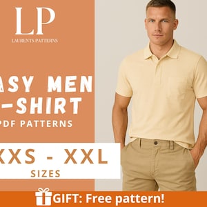 Könnte beinhalten: Ein Mann trägt ein hellgelbes Poloshirt und eine khakifarbene Hose. Das Bild enthält den Text "EASY MEN T-SHIRT PDF PATTERNS" und "XXS - XXL SIZES". Der Text "GIFT: Free pattern!" ist ebenfalls sichtbar.