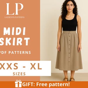 Peut inclure: Une femme porte un haut noir et une jupe midi beige boutonnée. L'image contient le texte "MIDI SKIRT PDF PATTERNS" et "XXS - XL SIZES". Le texte "GIFT: Free pattern!" est également visible.