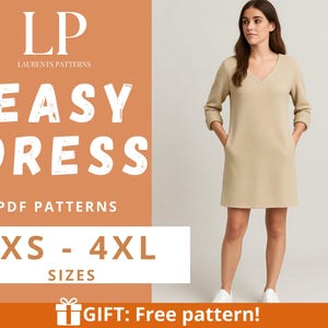 Pode incluir: Uma mulher vestindo um vestido bege com decote em V e bolsos. A imagem inclui o texto "EASY DRESS" e os tamanhos "XS - 4XL". O vestido é de cor neutra e parece ser feito de um tecido macio. Também inclui o texto "GIFT: Free pattern!"