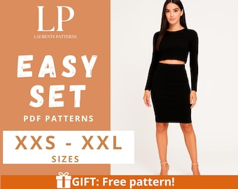 Crop Top and Pencil Skirt Sewing Pattern | Knit Outfit (PDF Pattern)