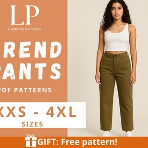 Puede incluir: Imagen de una mujer con una camiseta sin mangas blanca y pantalones verde oliva. La imagen también muestra el texto "TREND PANTS PDF PATTERNS" y "XXS - 4XL SIZES". El texto "GIFT: Free pattern!" también es visible.