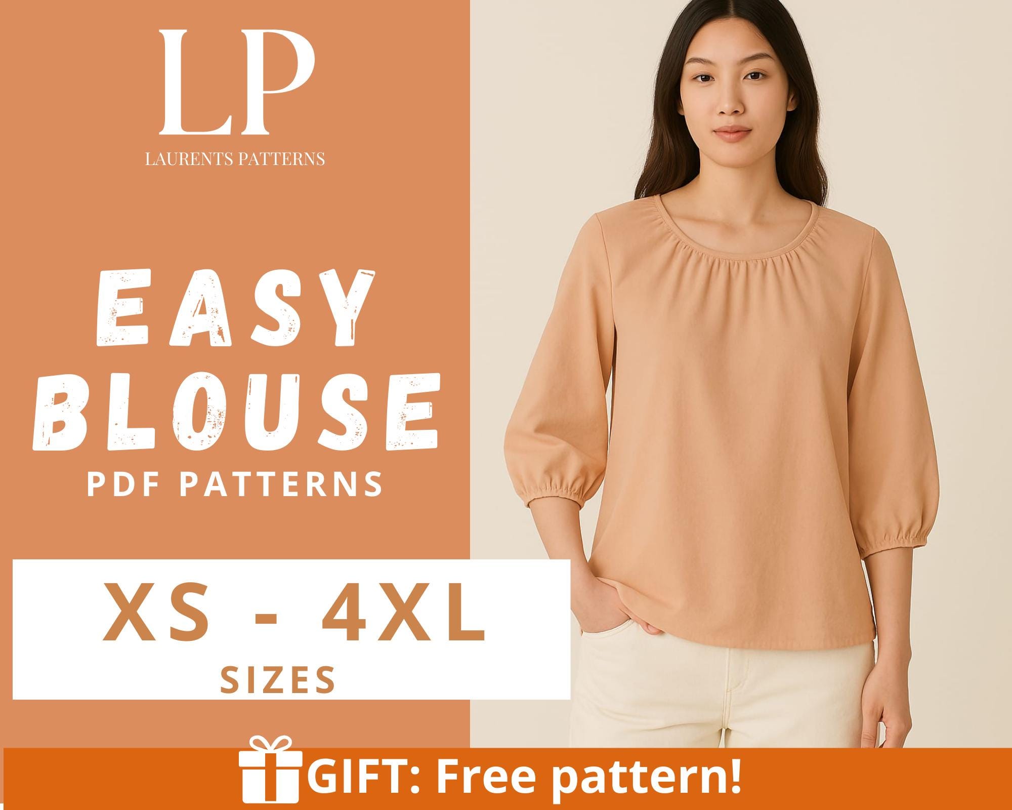 トップスパターン ブラウスの縫製パターン – ギャザーネックラインと7分袖のゆったりと