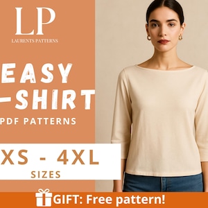 May include: A woman wearing a cream-colored, boat-neck t-shirt with three-quarter sleeves. The image includes text that reads "EASY T-SHIRT PDF PATTERNS" and "XS - 4XL SIZES". The text "GIFT: Free pattern!" is also visible.