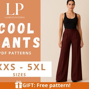 Op de afbeelding: Een vrouw draagt een zwarte tanktop en een bordeauxrode broek met wijde pijpen. De afbeelding bevat de tekst "COOL PANTS PDF PATTERNS" en "XXS - 5XL SIZES". Er is ook een cadeau-icoon met de tekst "Free pattern!"