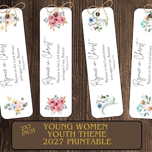 May include: Four rectangular white bookmarks with rounded corners, each featuring a twine tie at the top, watercolour floral illustrations, and the black text "Rejoice in Christ: "Rejoice in the Lord always: and again I say, Rejoice." Philippians 4:4."