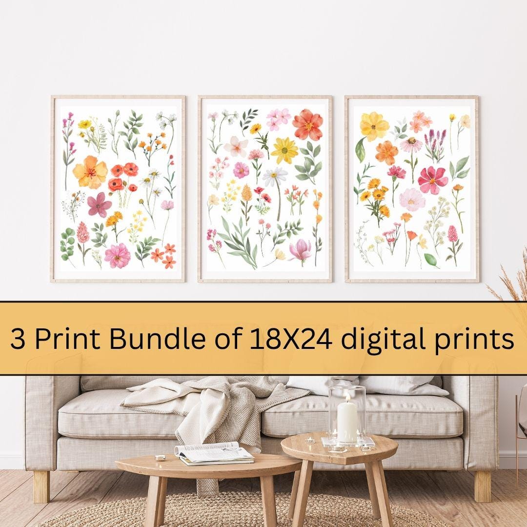 Watercolor Wildflower Prints Set of 3, Botanical Floral Wall Art (PDF ...