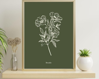 Olive Green Botanical Print: French Country Wall Art (Digital Download PRINTABLE) with the word Breathe