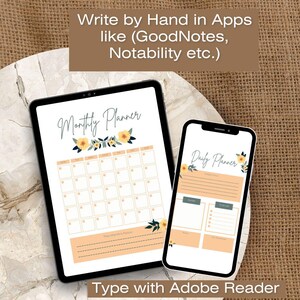 Peut inclure: Un planificateur mensuel numérique sur une tablette et un planificateur quotidien sur un smartphone. Les deux affichent des motifs floraux et un fond pêche. La tablette affiche "Monthly Planner" et le smartphone "Daily Planner". Le texte "Write by Hand in Apps" et "Type with Adobe Reader" est également visible.