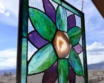 Agate Flower Stained Glass Window - Bold Colors, Black Patina (12.24 x 12.25 inches)