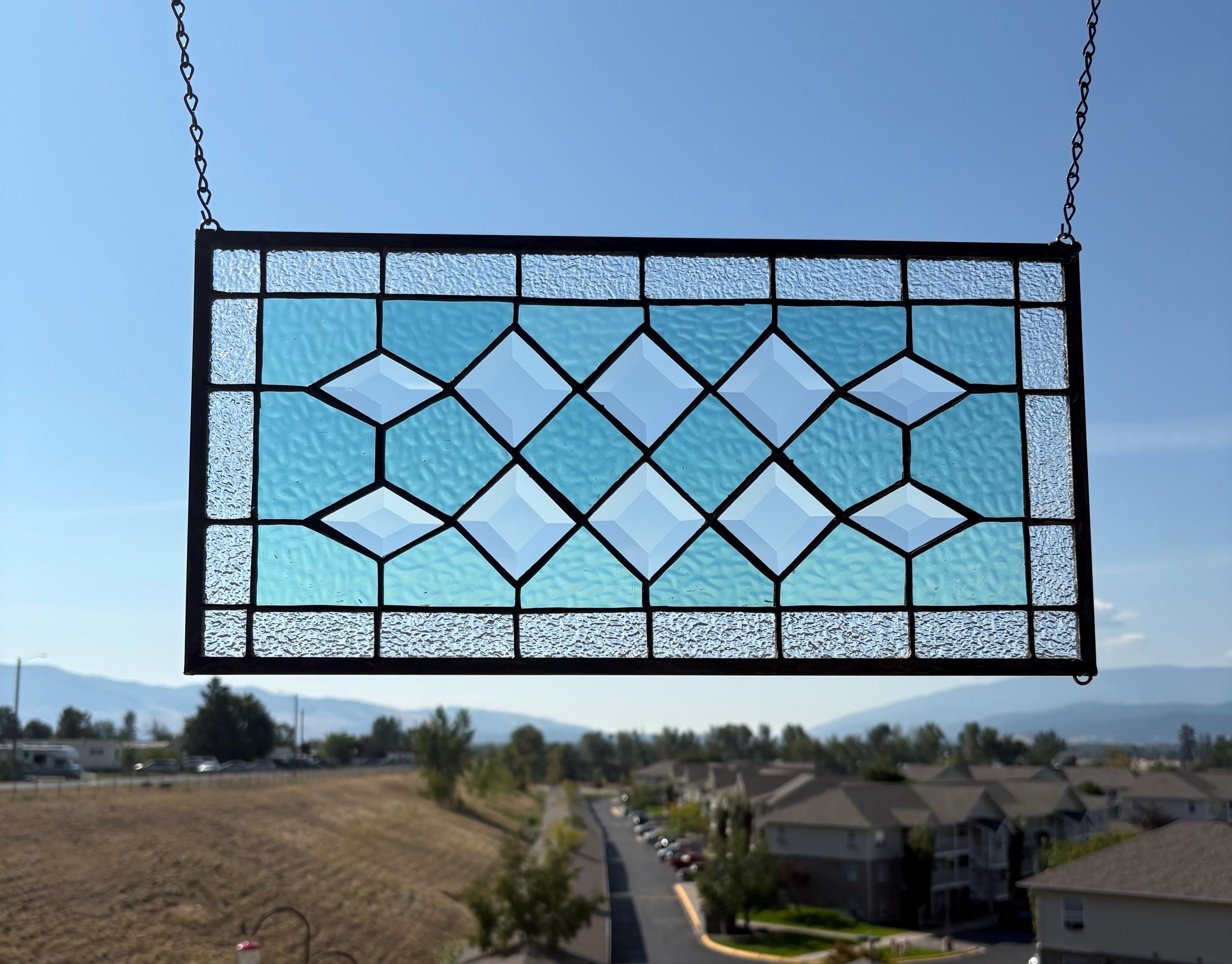 Sea Foam Green Beveled Stained Glass Window - 20x10 Inches