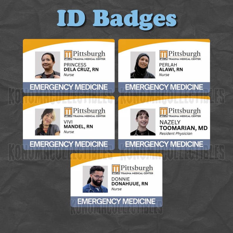 May include: Five ID badges with photos and text. Each badge has a yellow and white design with the text "Pittsburgh PTM Trauma Medical Center" and the words "Emergency Medicine". The badges display names and titles of medical professionals.