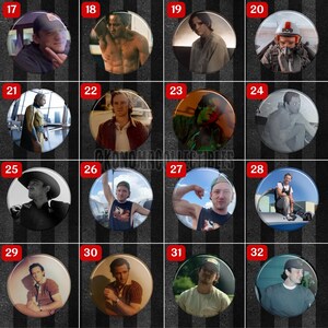 May include: A collection of round pinback buttons featuring various images of actors and movie characters. The buttons are in a grid pattern, with each button displaying a different image. The images include portraits and scenes from movies.