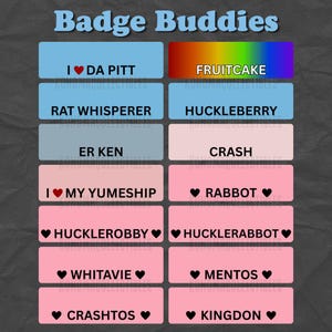 May include: A selection of rectangular badges in various colours, including blue, pink, and a rainbow gradient. Each badge features text, such as "I DA PITT," "FRUITCAKE," and "RAT WHISPERER." The badges are labeled "Badge Buddies."