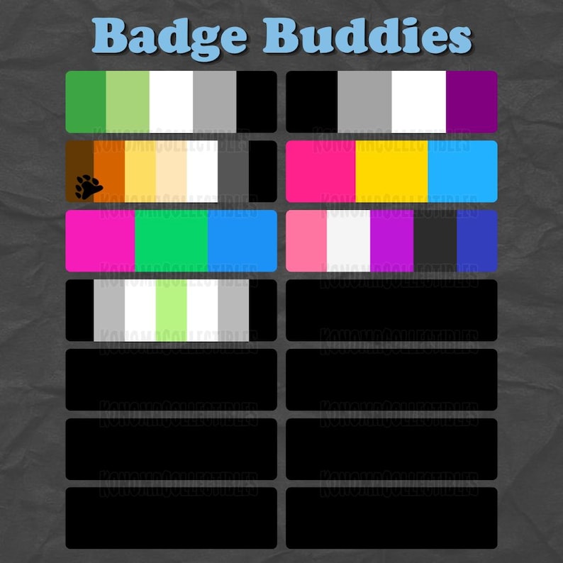 May include: A selection of colourful badge designs with the text "Badge Buddies" in light blue. The badges display various colour palettes, including pride flag colours, and are set against a dark grey background.
