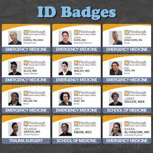May include: A set of ID badges displaying staff details from Pittsburgh Trauma Medical Center. Each badge shows a photo, name, job title, and department, including Emergency Medicine, Trauma Surgery, and School of Medicine. The badges have a yellow and white design.