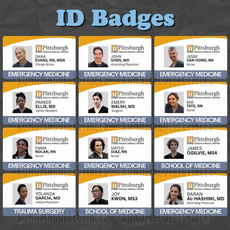 May include: A set of ID badges displaying staff details from Pittsburgh Trauma Medical Center. Each badge shows a photo, name, job title, and department, including Emergency Medicine, Trauma Surgery, and School of Medicine. The badges have a yellow and white design.