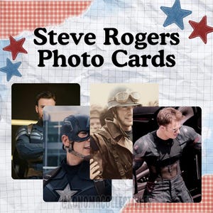May include: A collection of Steve Rogers photo cards featuring various images of the character in different costumes, including a military helmet with goggles and a tactical suit. The background has a grid pattern with red and blue star accents.
