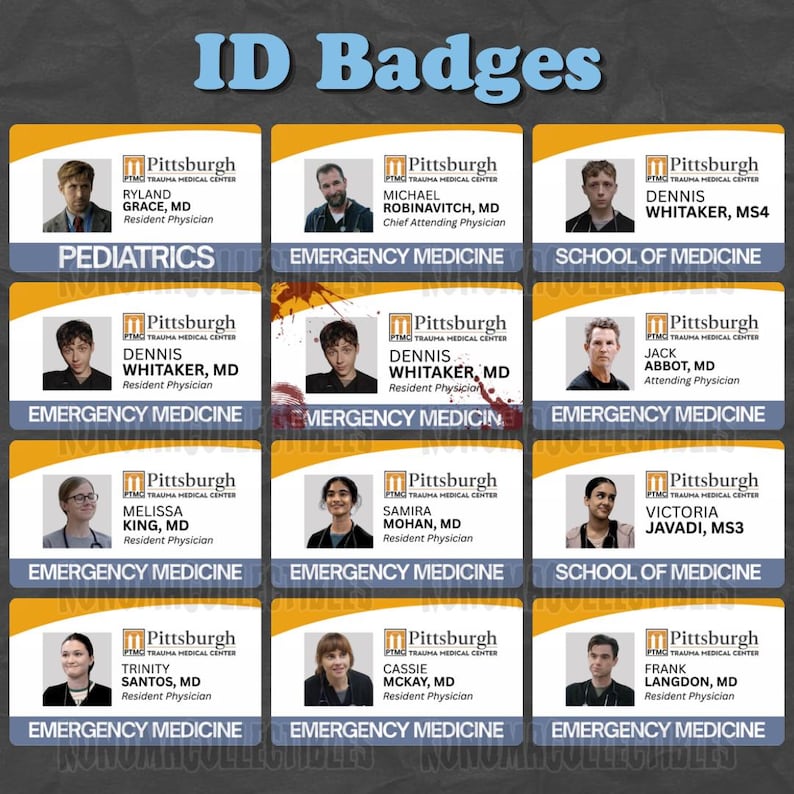 May include: A selection of ID badges from Pittsburgh Trauma Medical Centre. Each badge displays a photo, name, and title of medical professionals. The badges are labelled with departments such as Pediatrics, Emergency Medicine, and School of Medicine.