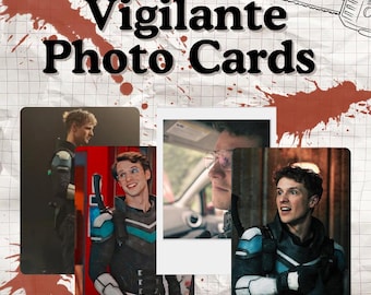 May include: A collection of Vigilante Photo Cards featuring a person in a dark tactical suit with blue accents. The background is a white grid with red paint splatters and a line drawing of a chainsaw. The text reads Vigilante Photo Cards.