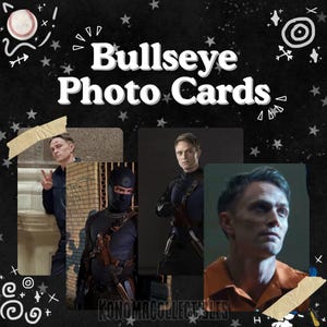 May include: A collection of Bullseye Photo Cards featuring four distinct images of a character in various outfits, including a black tactical suit with a mask, a dark uniform, and an orange shirt, set against a black background with white stars.