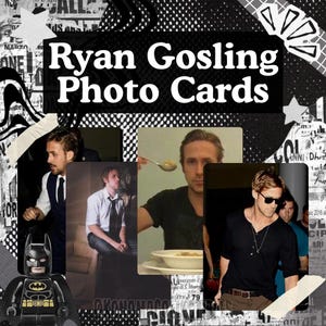 May include: A collage of Ryan Gosling photo cards featuring four distinct images of the actor, including a Lego Batman figure at the bottom, set against a black and white newspaper-style background with the text Ryan Gosling Photo Cards.