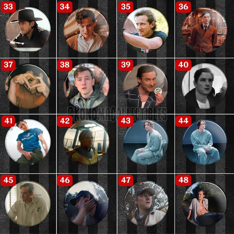 May include: A collection of round pinback buttons featuring various portraits of people. The buttons are arranged in a grid pattern against a black and gray striped background. Each button displays a different person, with varying expressions and attire.