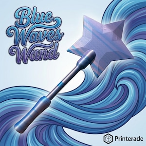 A blue and purple wand with a star-shaped top, set against a background of stylized blue waves. The wand's handle is metallic, and the star has a textured appearance. The text "Blue Waves Wand" is displayed in a stylized font.