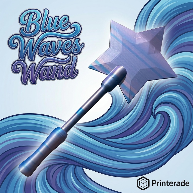 A blue and purple wand with a star-shaped top, set against a background of stylized blue waves. The wand's handle is metallic, and the star has a textured appearance. The text "Blue Waves Wand" is displayed in a stylized font.