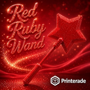 A red glittery star-shaped wand with a matching handle against a red background. The text "Red Ruby Wand" is displayed in a sparkling font. The image has a magical, festive theme.