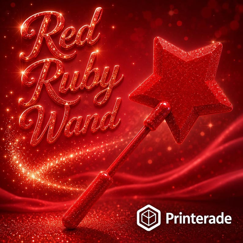 A red glittery star-shaped wand with a matching handle against a red background. The text "Red Ruby Wand" is displayed in a sparkling font. The image has a magical, festive theme.