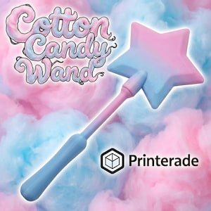 A cotton candy-themed wand with a star-shaped top, gradient pink and blue colors, and the text "Cotton Candy Wand". The background features a cotton candy-like design with pink and blue hues. The wand has a long handle.
