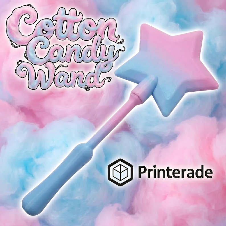 A cotton candy-themed wand with a star-shaped top, gradient pink and blue colors, and the text "Cotton Candy Wand". The background features a cotton candy-like design with pink and blue hues. The wand has a long handle.