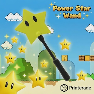 A yellow Power Star wand with a black handle, surrounded by yellow star-shaped characters against a blue sky background. The text "Power Star Wand" is displayed at the top. The image has a video game theme.