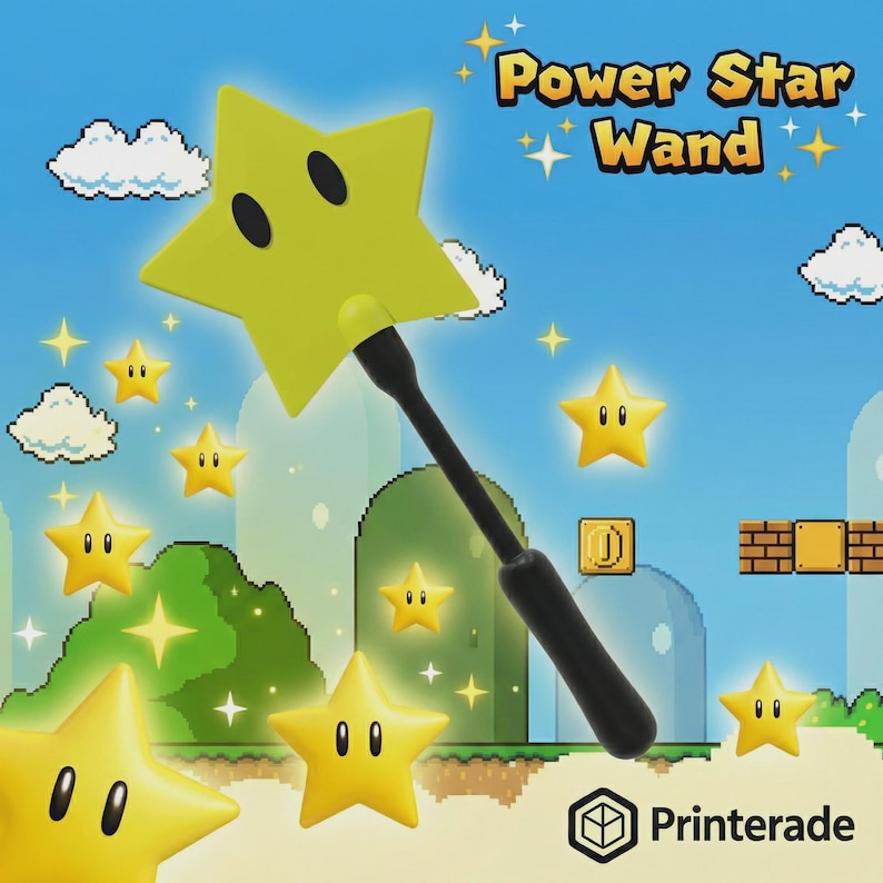A yellow Power Star wand with a black handle, surrounded by yellow star-shaped characters against a blue sky background. The text "Power Star Wand" is displayed at the top. The image has a video game theme.