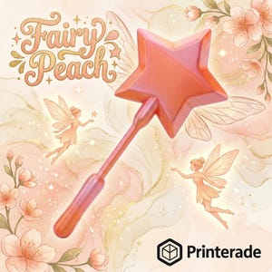 A peach-colored star-shaped wand with a long handle, the wand is surrounded by fairy illustrations and the text "Fairy Peach". The background has a watercolor effect with floral and glitter accents.