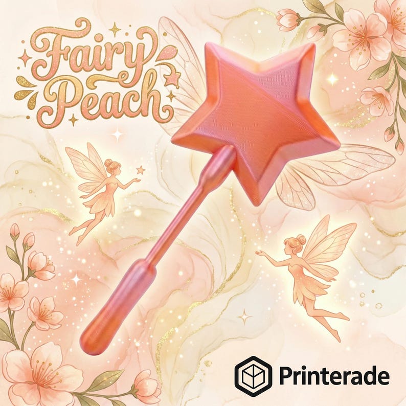 A peach-colored star-shaped wand with a long handle, the wand is surrounded by fairy illustrations and the text "Fairy Peach". The background has a watercolor effect with floral and glitter accents.
