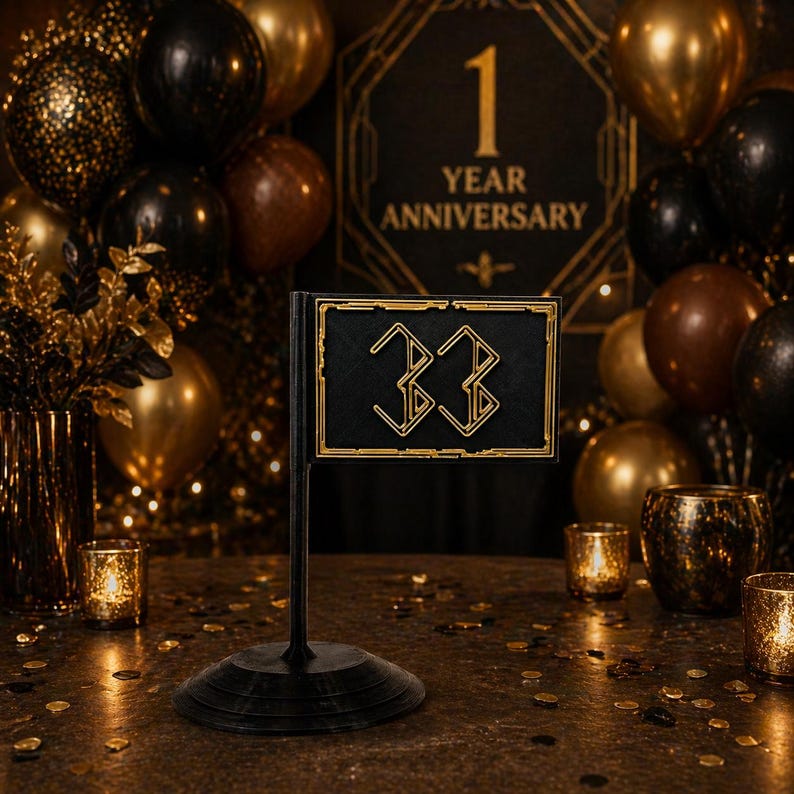 May include: A black and gold table decoration with the number 33 in a gold art deco style. The decoration is on a black stand. The background includes balloons and the text "1 YEAR ANNIVERSARY".