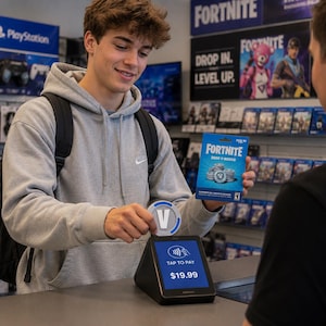 May include: A Fortnite 2800 V-Bucks gift card with blue packaging and a circular V-Bucks token being tapped against a black payment terminal screen that displays the text TAP TO PAY and $19.99 in a retail store environment.