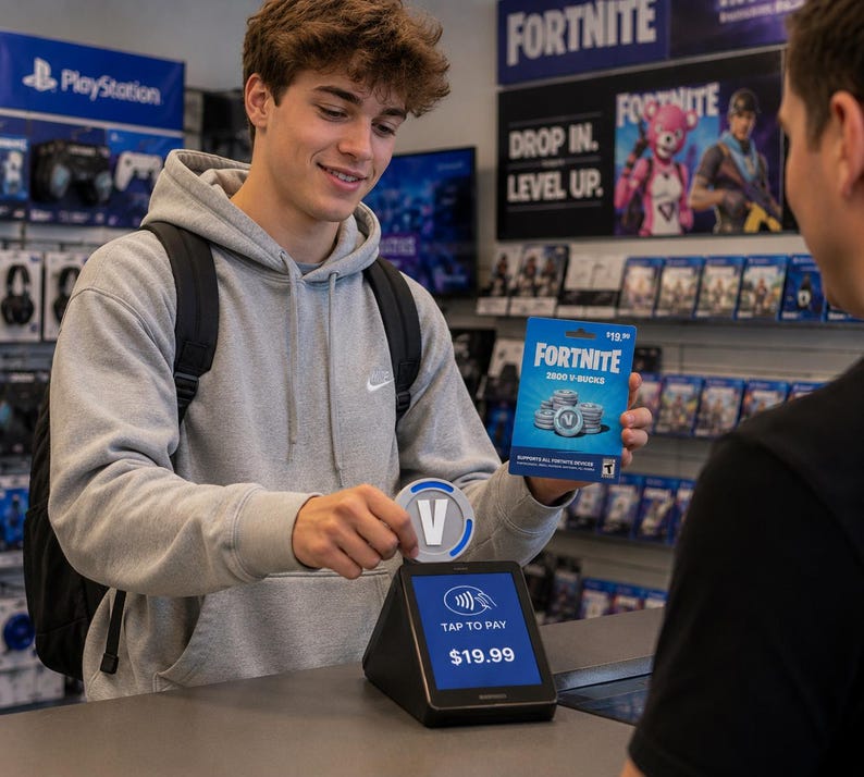 May include: A Fortnite 2800 V-Bucks gift card with blue packaging and a circular V-Bucks token being tapped against a black payment terminal screen that displays the text TAP TO PAY and $19.99 in a retail store environment.