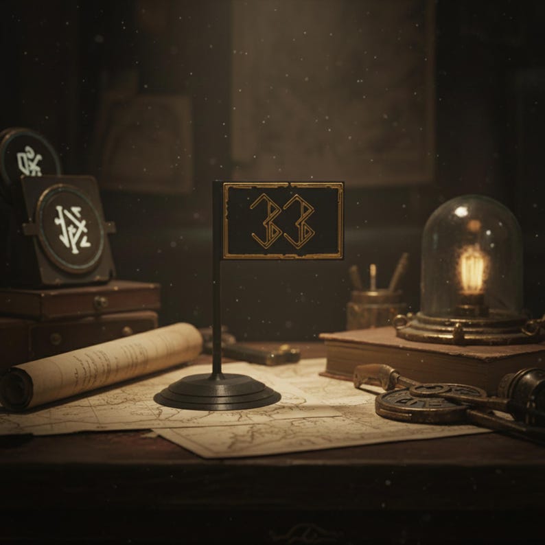 May include: A black flag with the number "33" in gold, set on a desk with maps, books, and a vintage light bulb in a glass dome. The scene has a warm, antique aesthetic.