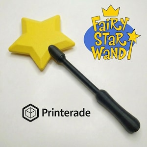 A yellow star-shaped fairy wand with a black handle. The wand is next to a graphic that says "Fairy Star Wand" in yellow and blue. The logo for Printerade is in the lower left corner.