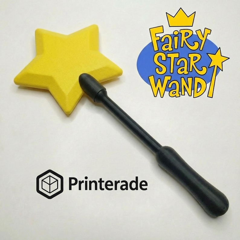 A yellow star-shaped fairy wand with a black handle. The wand is next to a graphic that says "Fairy Star Wand" in yellow and blue. The logo for Printerade is in the lower left corner.
