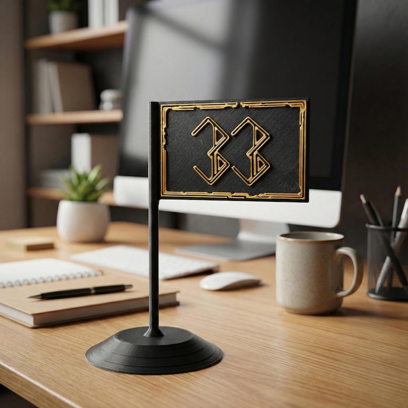 May include: A black desk flag with a gold border and the number "33" in gold. The flag is on a black stand with a round base. The flag is on a wooden desk with a computer monitor and a coffee mug in the background.