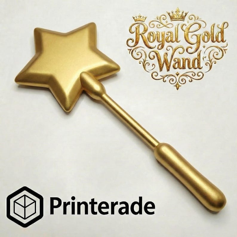 A gold-colored star-shaped wand with a cylindrical handle. The wand has the text "Royal Gold Wand" in a decorative font. The word "Printerade" is also visible.