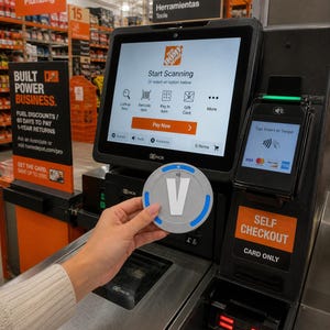 May include: A circular gray payment token featuring a prominent white letter V in the center and blue accent segments along the perimeter, held in front of a black NCR self-checkout kiosk with a screen displaying The Home Depot logo and interface.